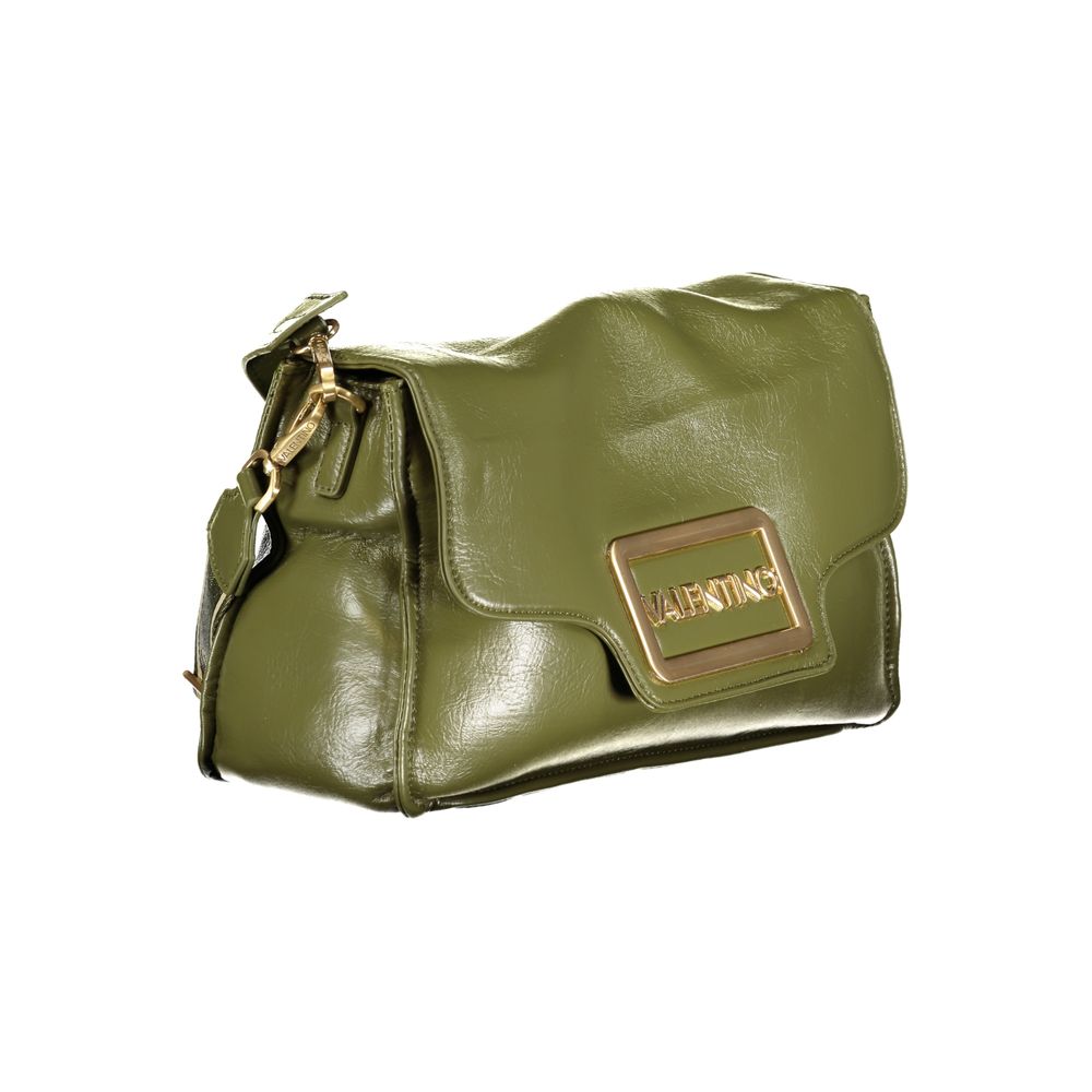 Alt Tag: Mario Valentino Green Polyethylene Handbag with removable handle, adjustable strap, and logo on front.