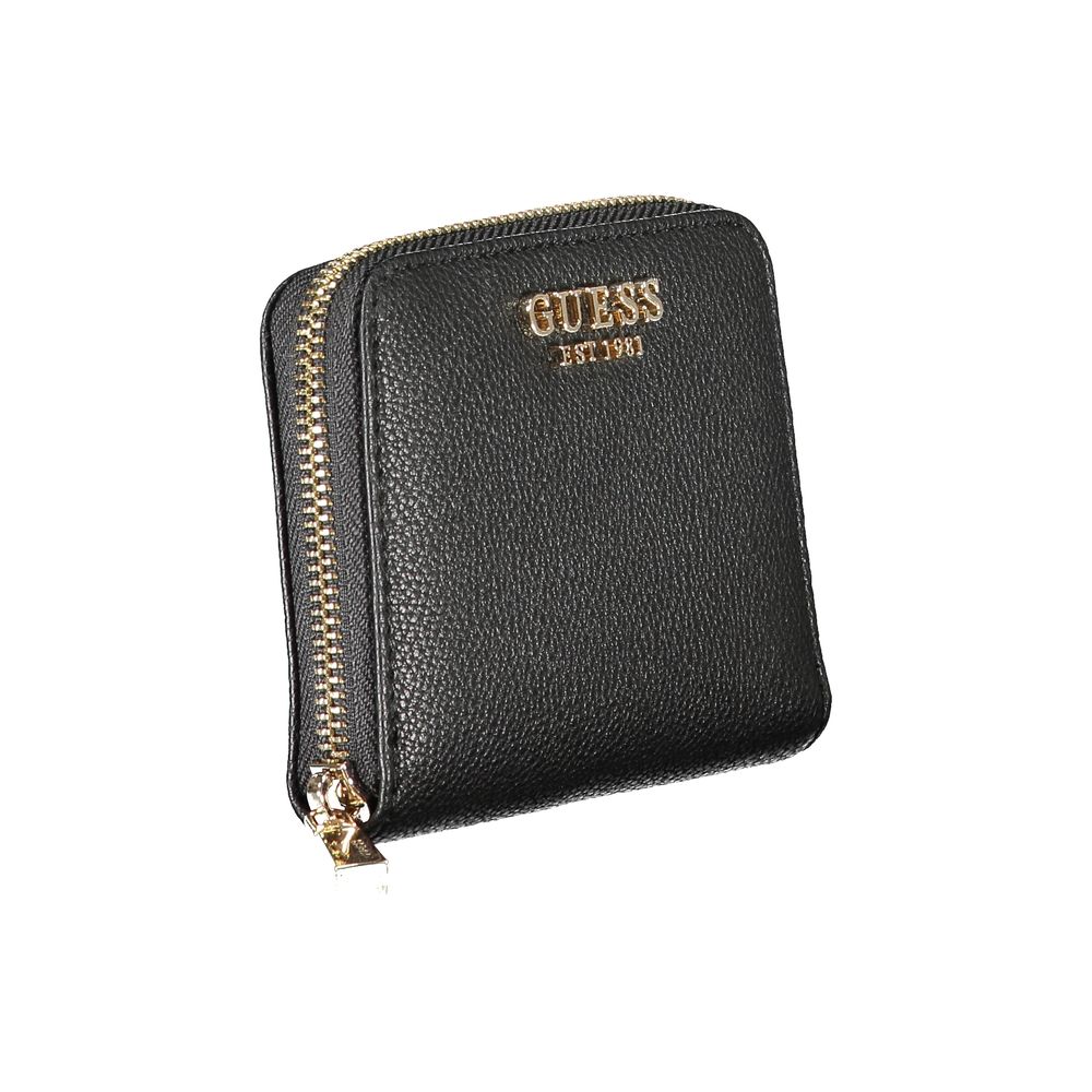 Guess Jeans Black Polyethylene Wallet with zip closure, coin purse, card spaces, and logo.