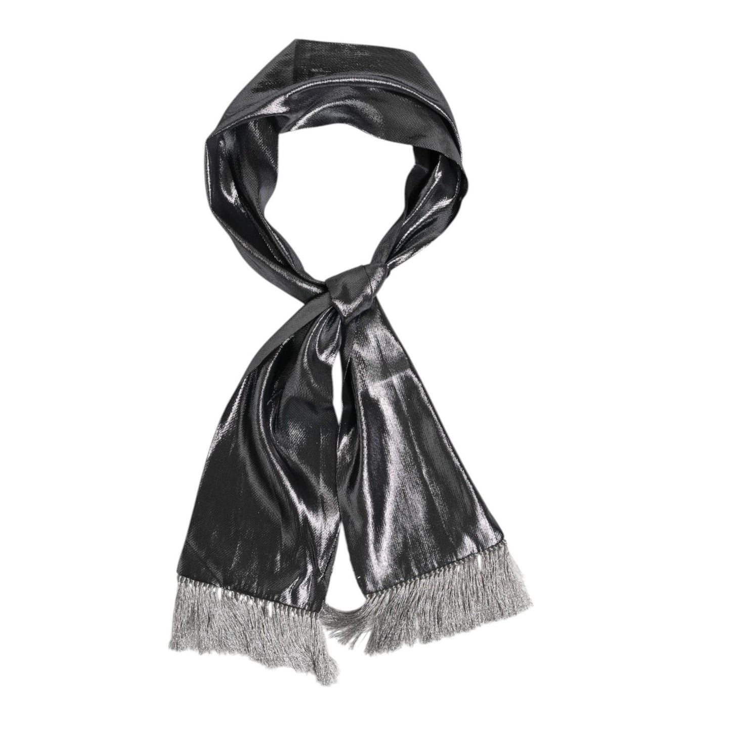 Dolce & Gabbana Metallic Gray Silk Fringes Foulard Scarf