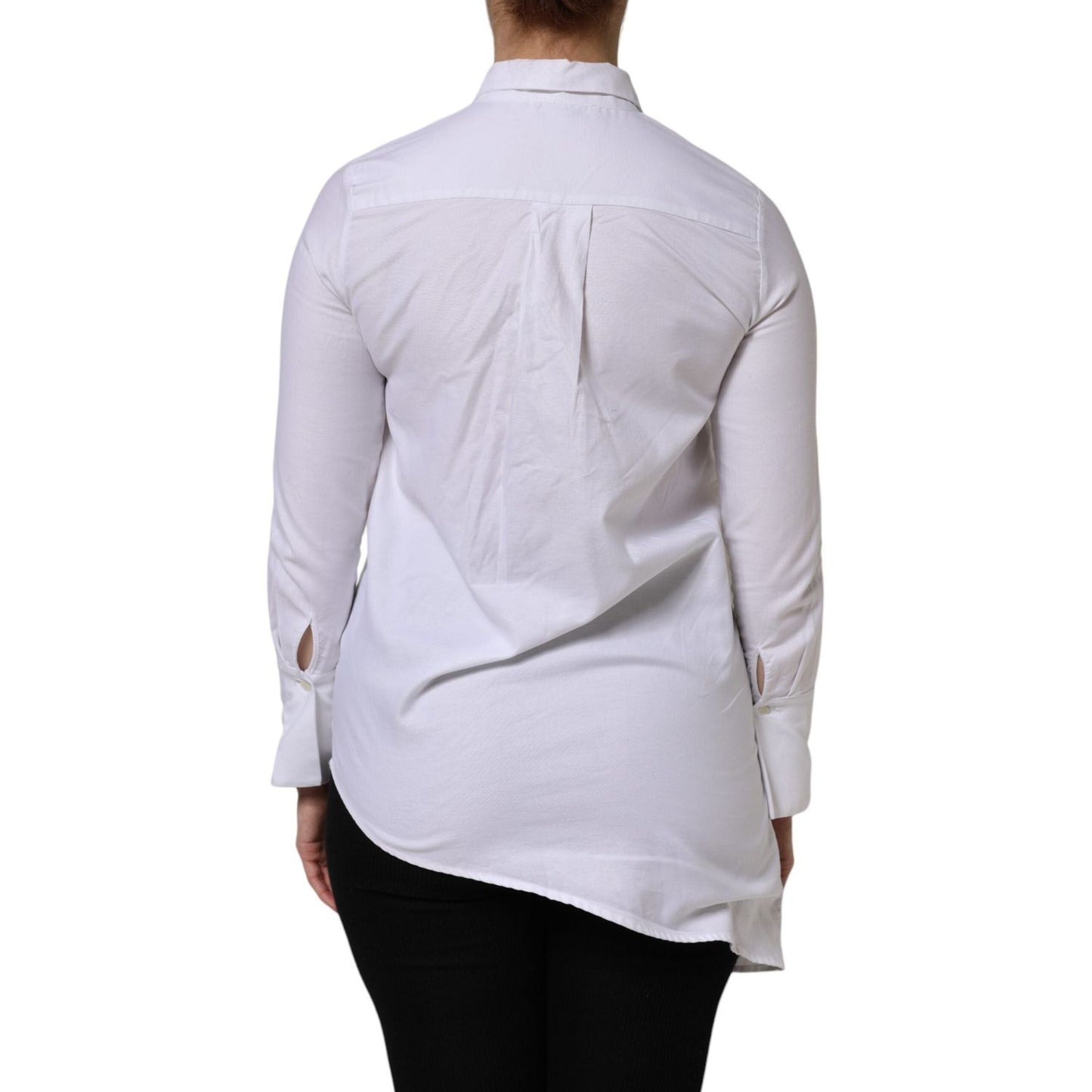 AGLINI White Cotton Collared Long Sleeves Ruffle Top Shirt TSH90562-38