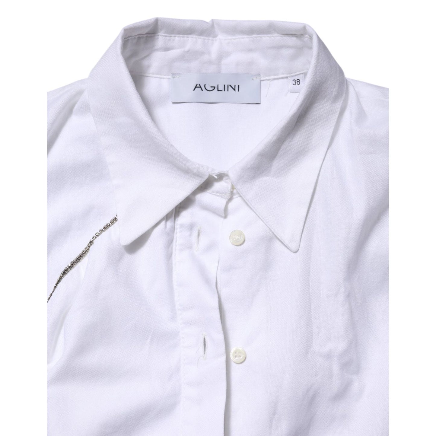 AGLINI White Cotton Collared Long Sleeves Ruffle Top Shirt TSH90562-38