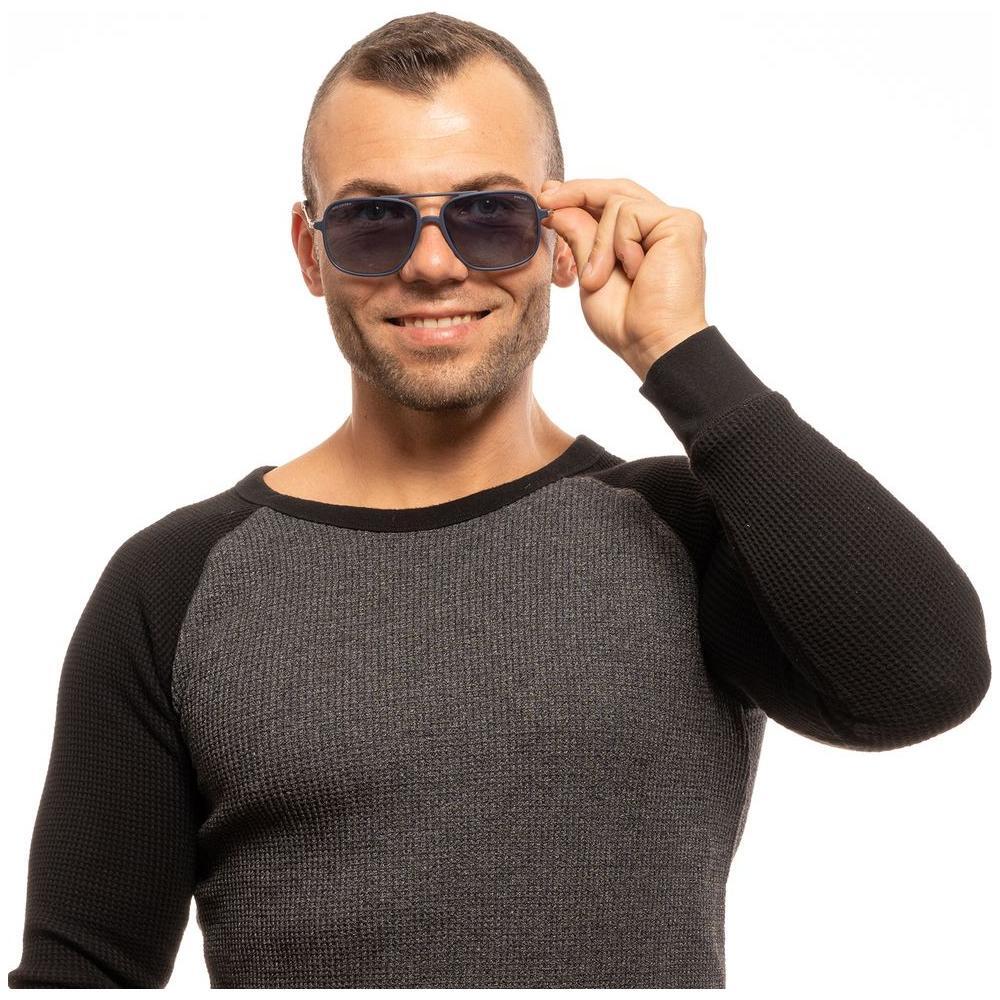 Man wearing Police Blue Plastic Sunglasses with blue polarized lenses and full-rim frame, providing 100% UVA & UVB protection.