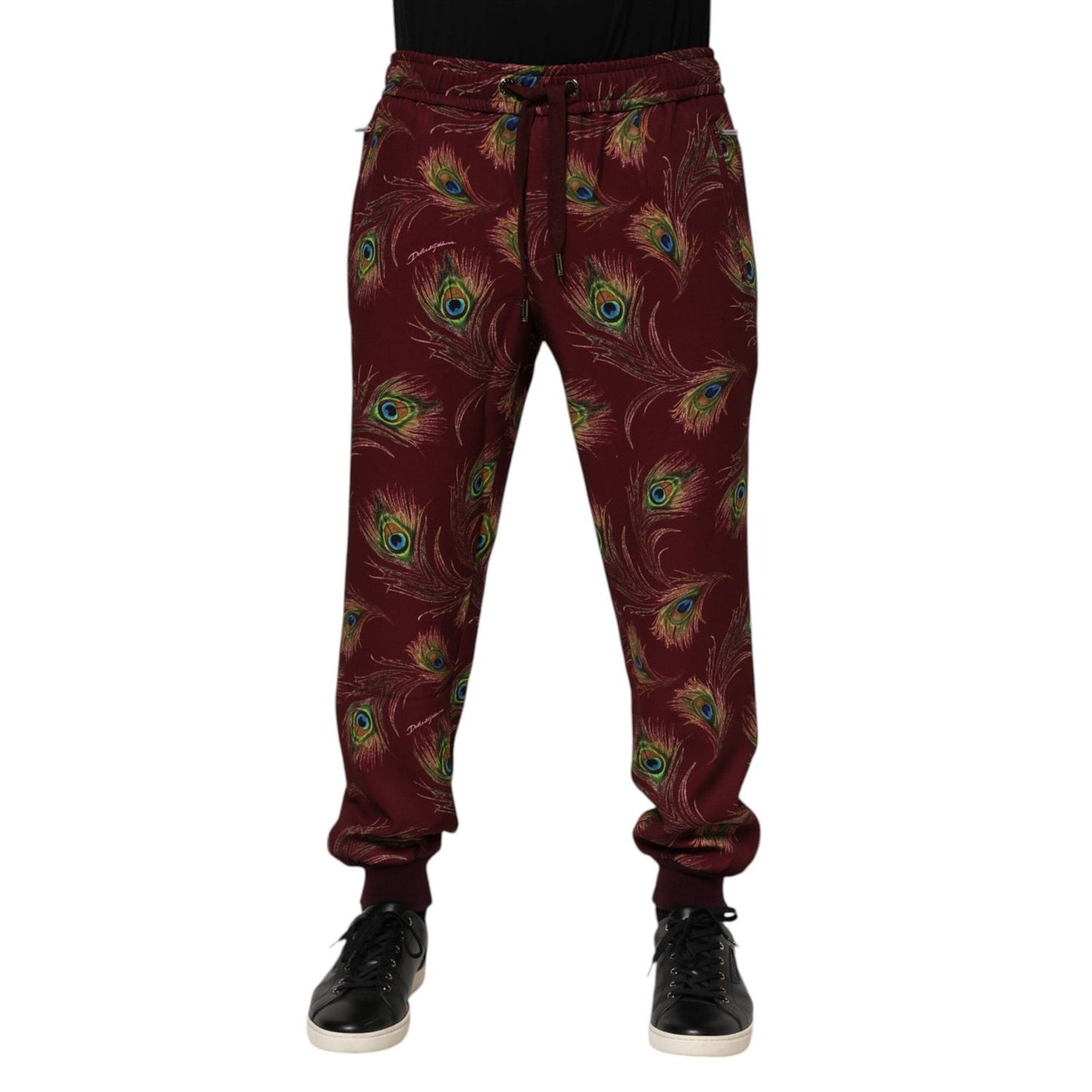 Dolce & Gabbana Burgundy Peacock Feather Print Jogger Pants
