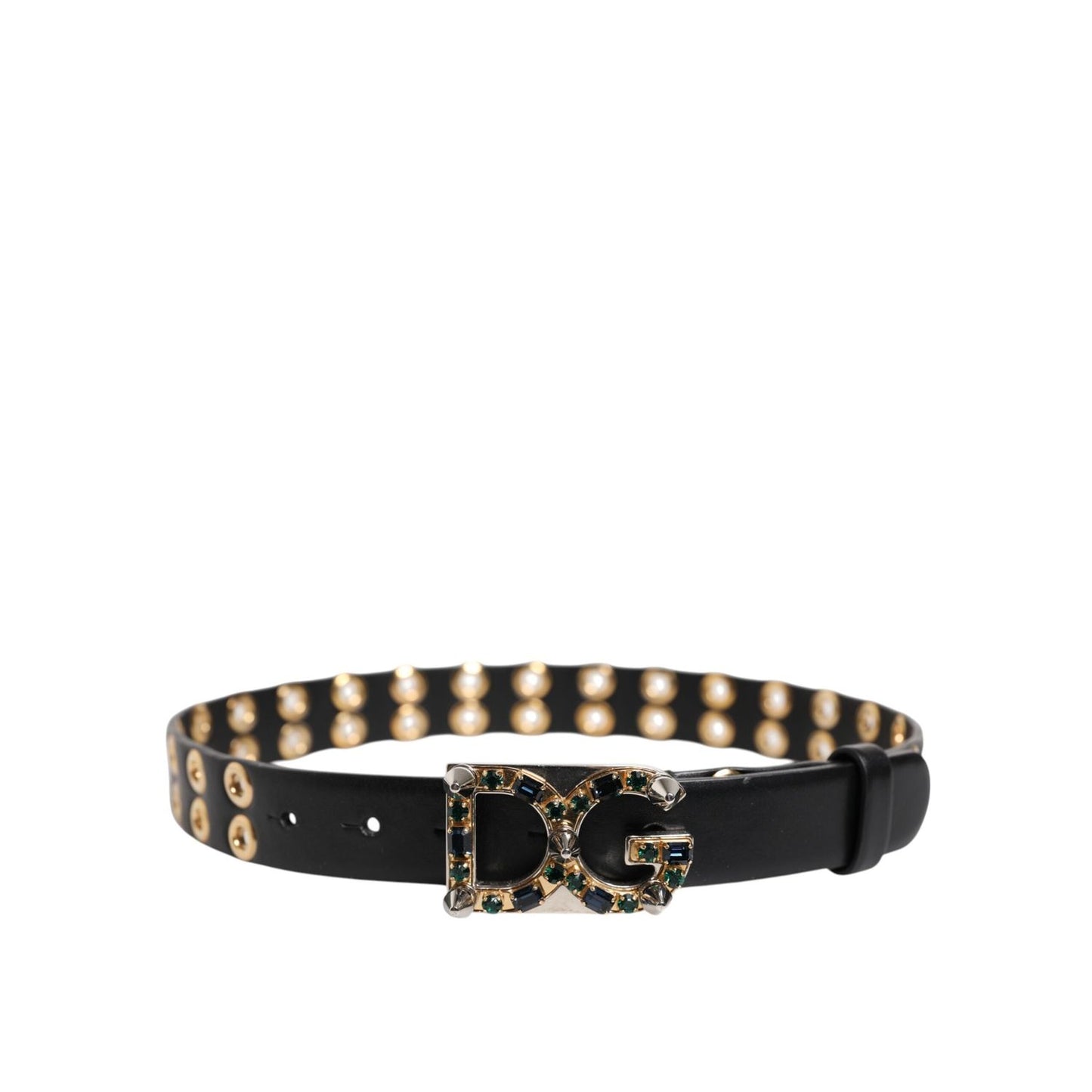 Dolce & Gabbana Black Leather Eyelet Crystal DG Buckle Belt WMB555-70
