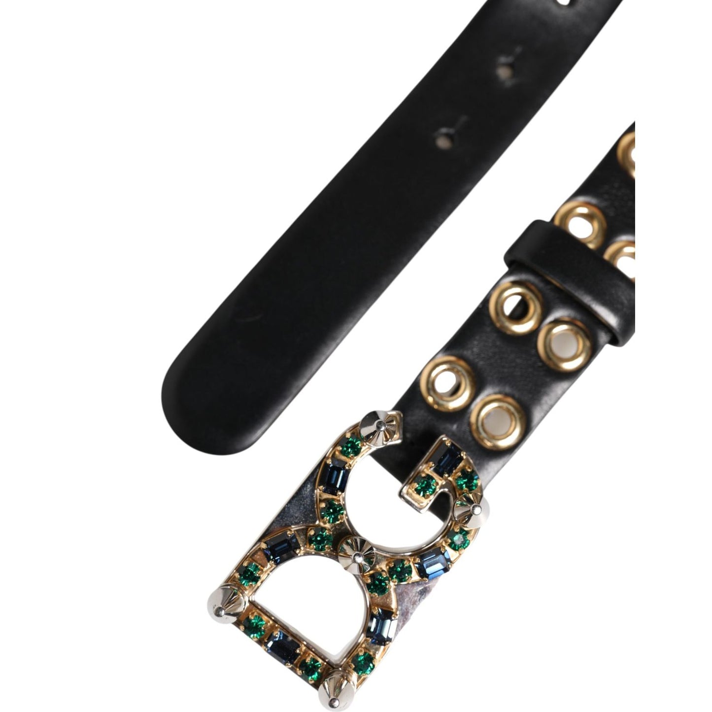 Dolce & Gabbana Black Leather Eyelet Crystal DG Buckle Belt WMB555-70