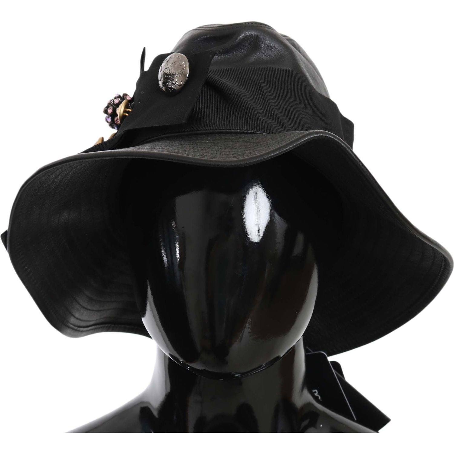 Dolce & Gabbana Black Leather DG Coin Crystal Wide Brim Hat