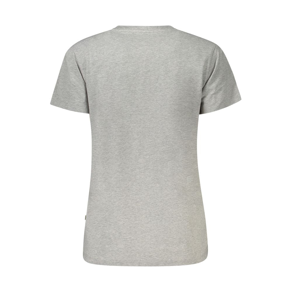 Back view of Guess Jeans Gray Cotton Women T-Shirt showcasing short sleeves and classic fit.