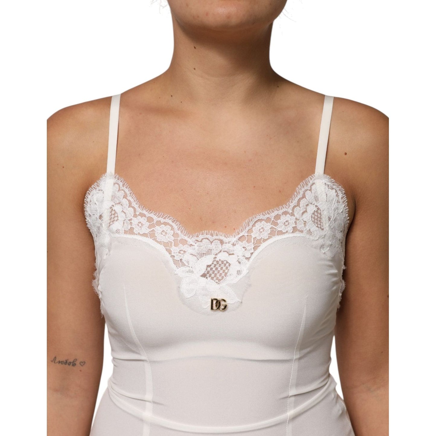 Dolce & Gabbana White Lace Gold DG Logo Silk Dress Sleepwear DR81793-40