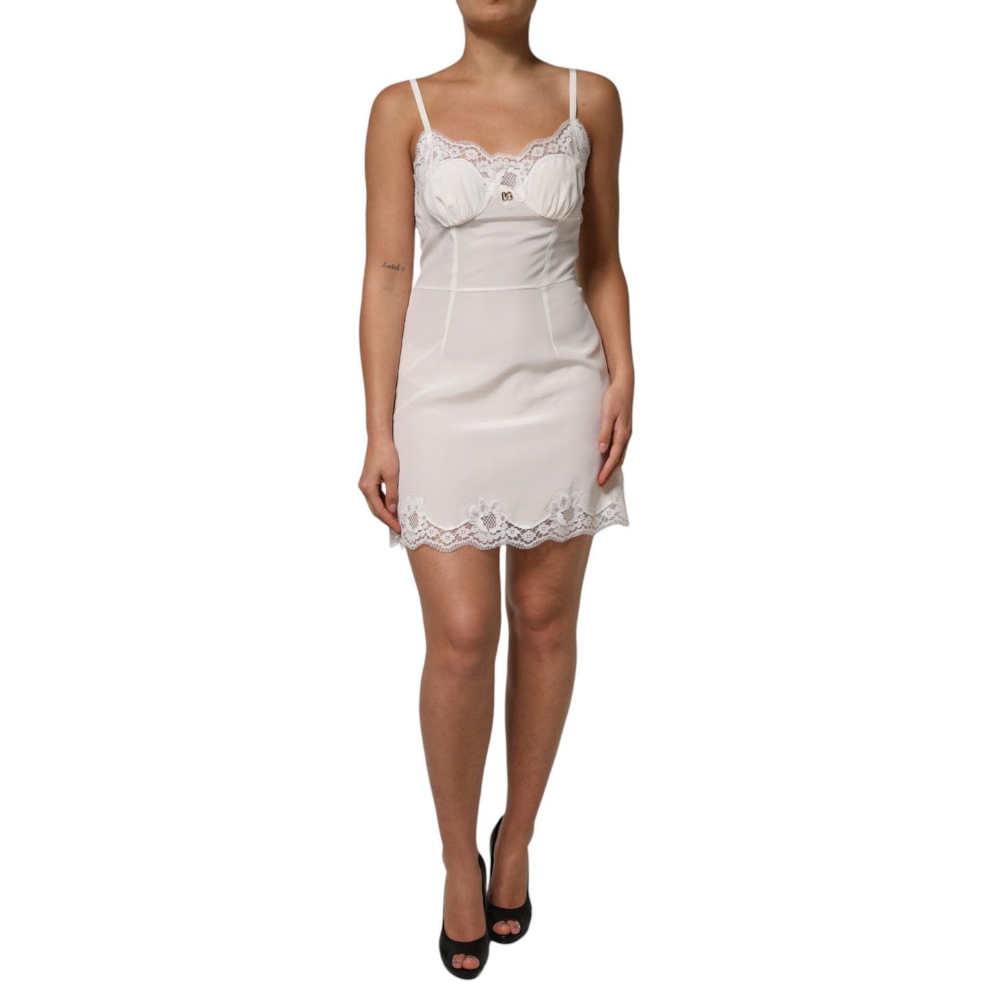 Dolce & Gabbana White Lace DG Logo Silk Dress Sleepwear DR81795-44