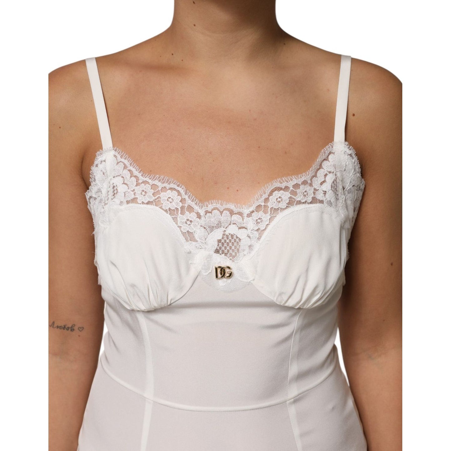 Dolce & Gabbana White Lace DG Logo Silk Dress Sleepwear DR81795-44
