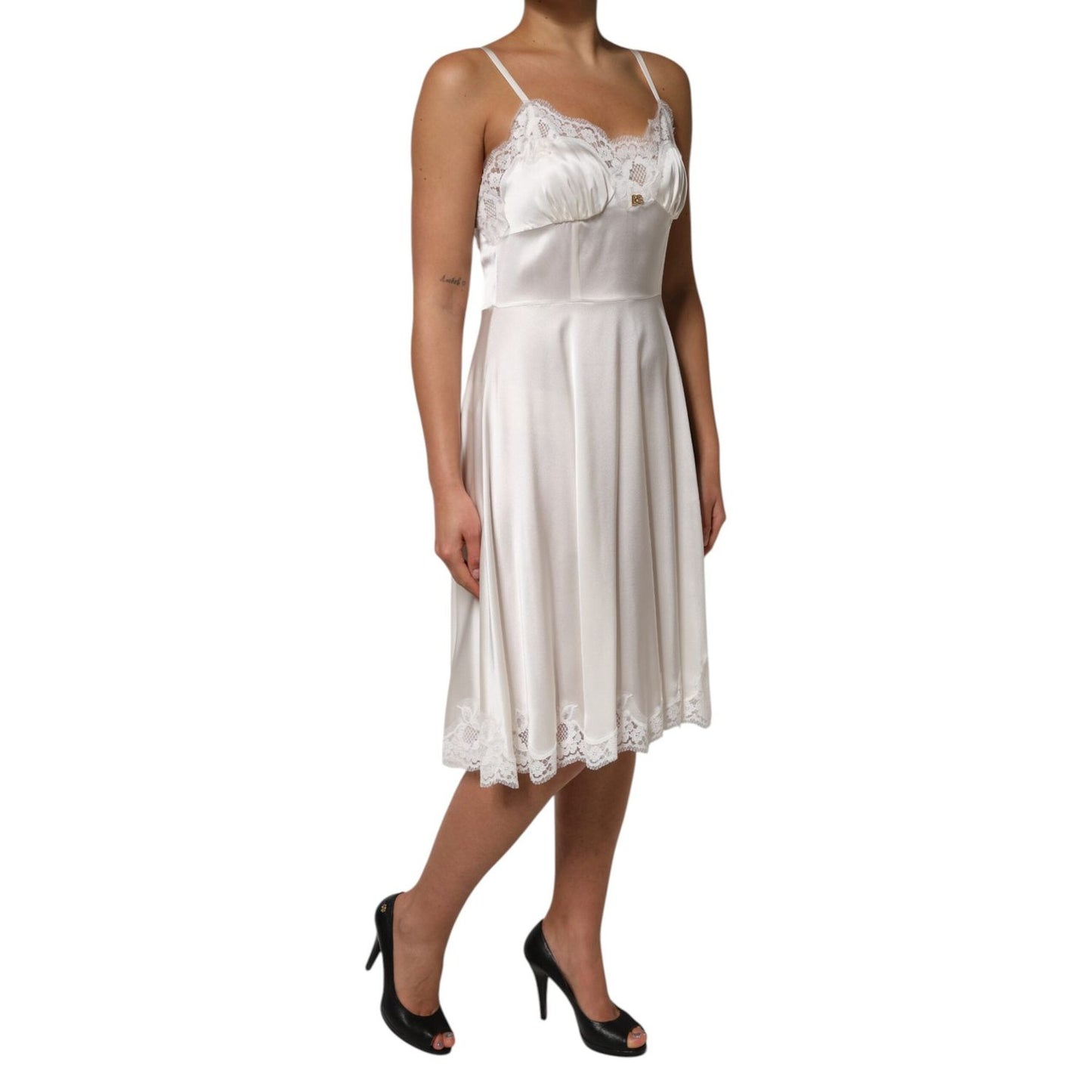 Dolce & Gabbana White Lace DG Logo Silk Dress Sleepwear DR81796-46