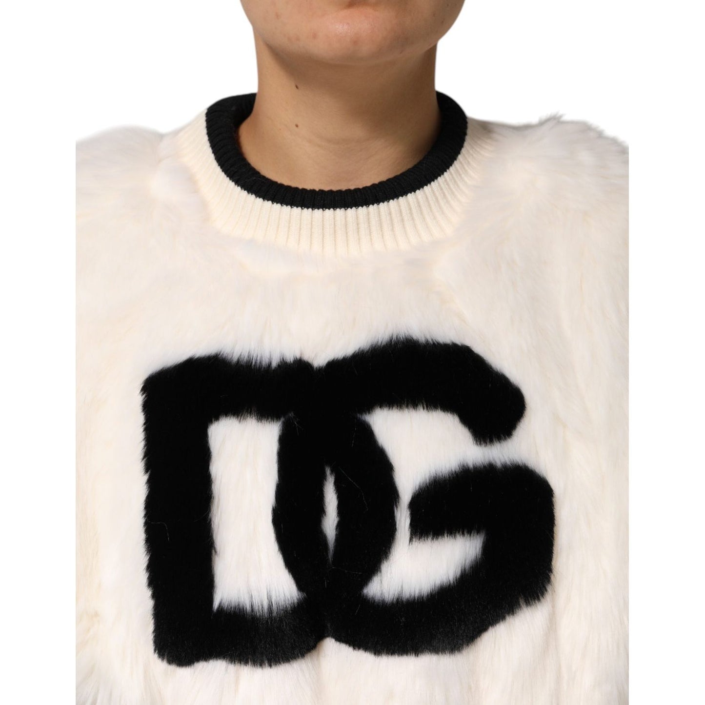 Dolce & Gabbana White Cropped Faux Fur DG Sweatshirt Sweater TSH90598-40