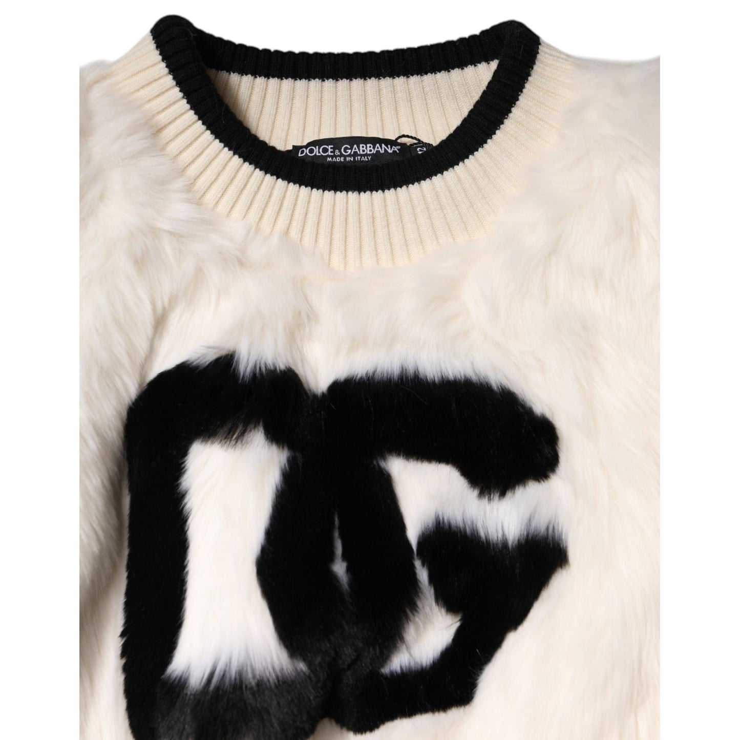 Dolce & Gabbana White Cropped Faux Fur DG Sweatshirt Sweater TSH90598-40