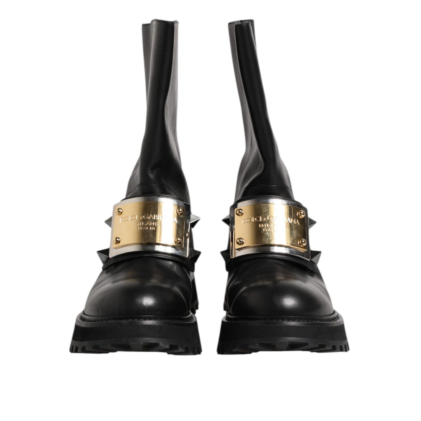 Dolce & Gabbana Black Leather DG Logo Plaque High Boots Shoes