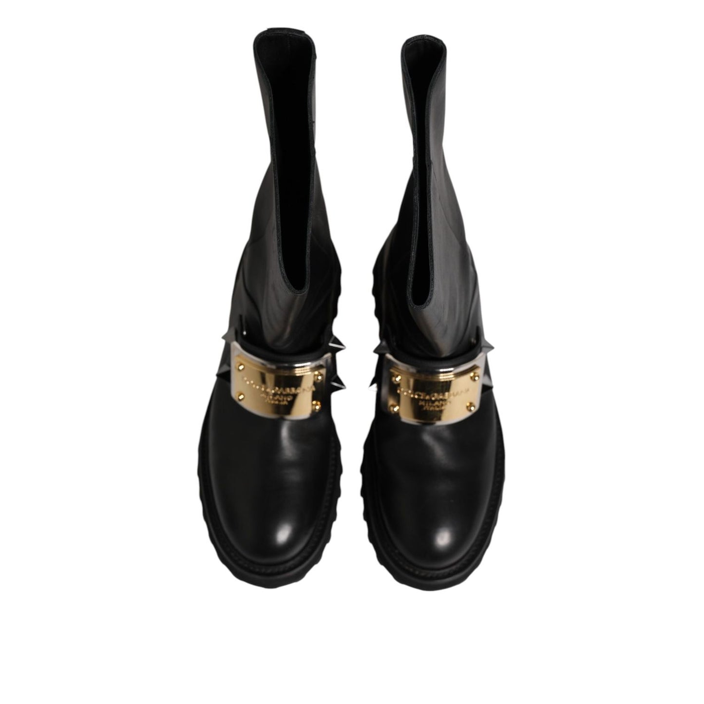 Dolce & Gabbana Black Leather DG Logo Plaque High Boots Shoes