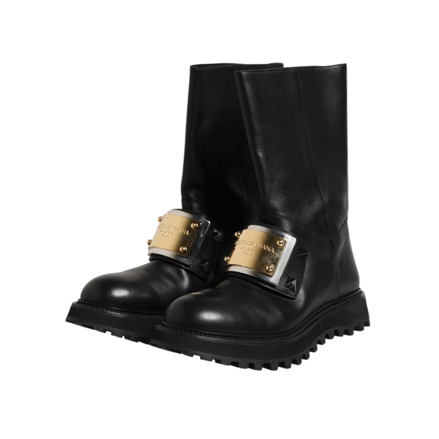Dolce & Gabbana Black Leather DG Logo Plaque High Boots Shoes
