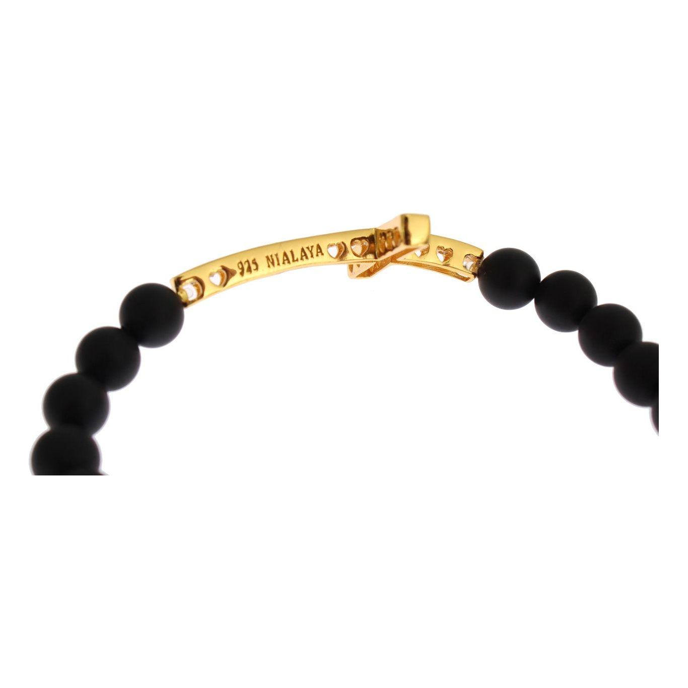 Nialaya Matte Onyx Stone Gold CZ Cross 925 Silver Bracelet SIG19014-3