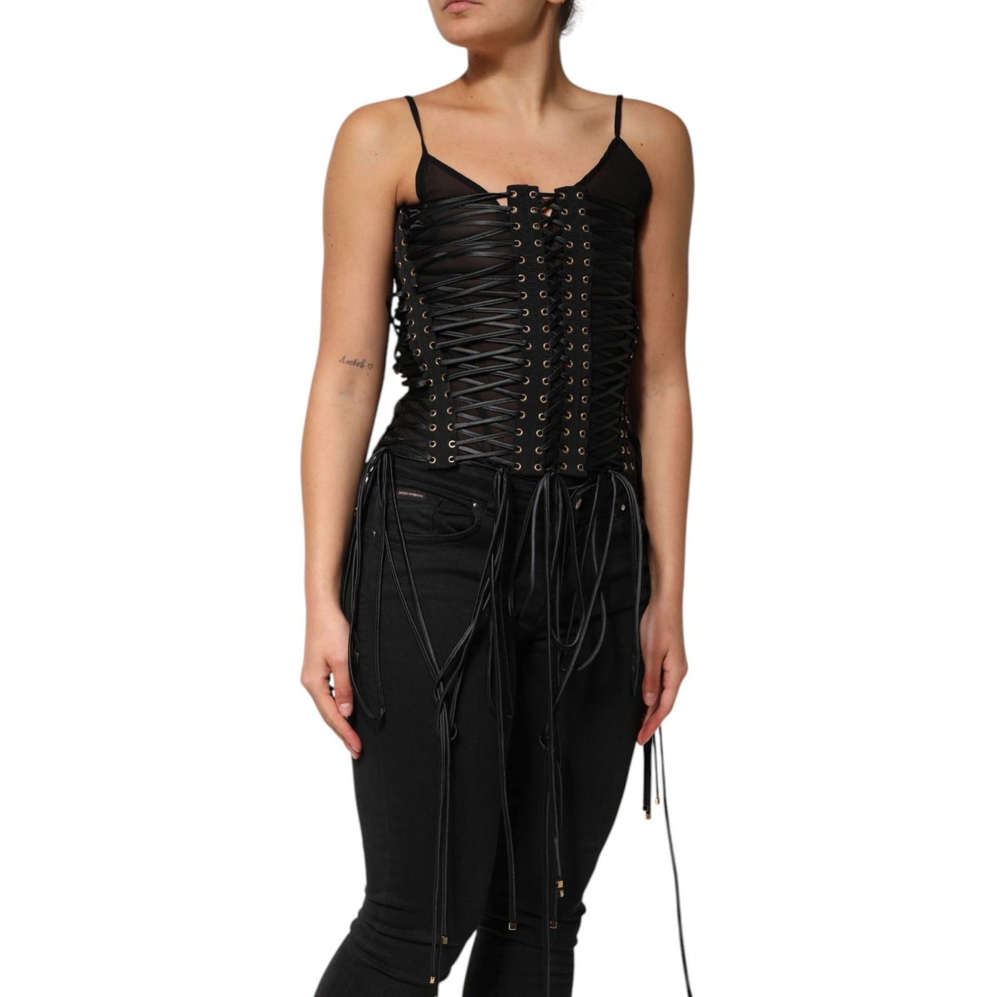 Dolce & Gabbana Black Eyelet Embellished Corset Style Top TSH90596-42