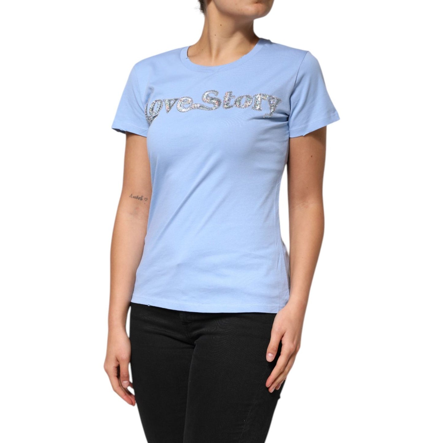 PINKO Blue Love Story Sequined Embellished Short Sleeves T-shirt TSH90631-38