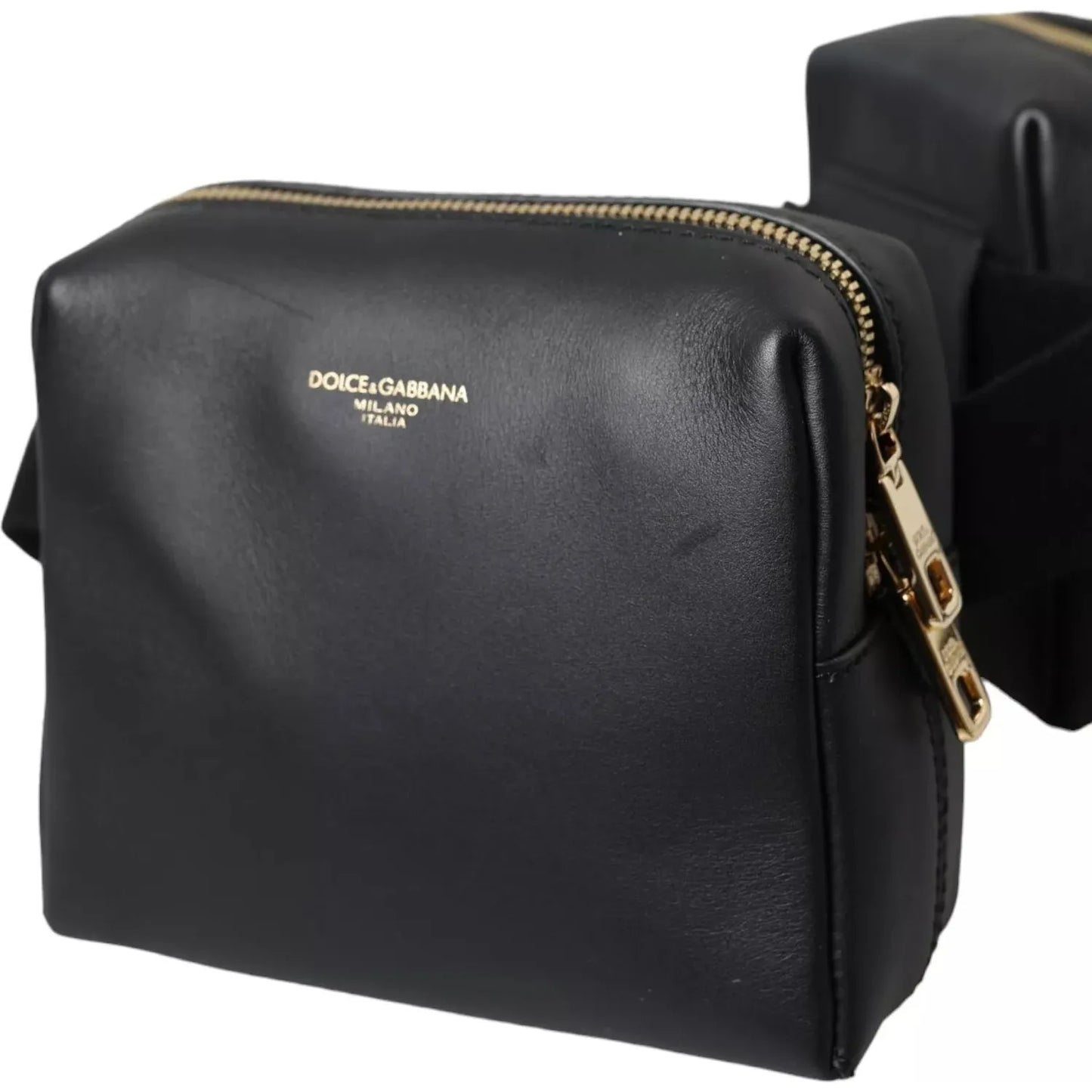 Dolce & Gabbana Black Calfskin Leather Double Waist Belt Fanny Pack Bag BAG4670