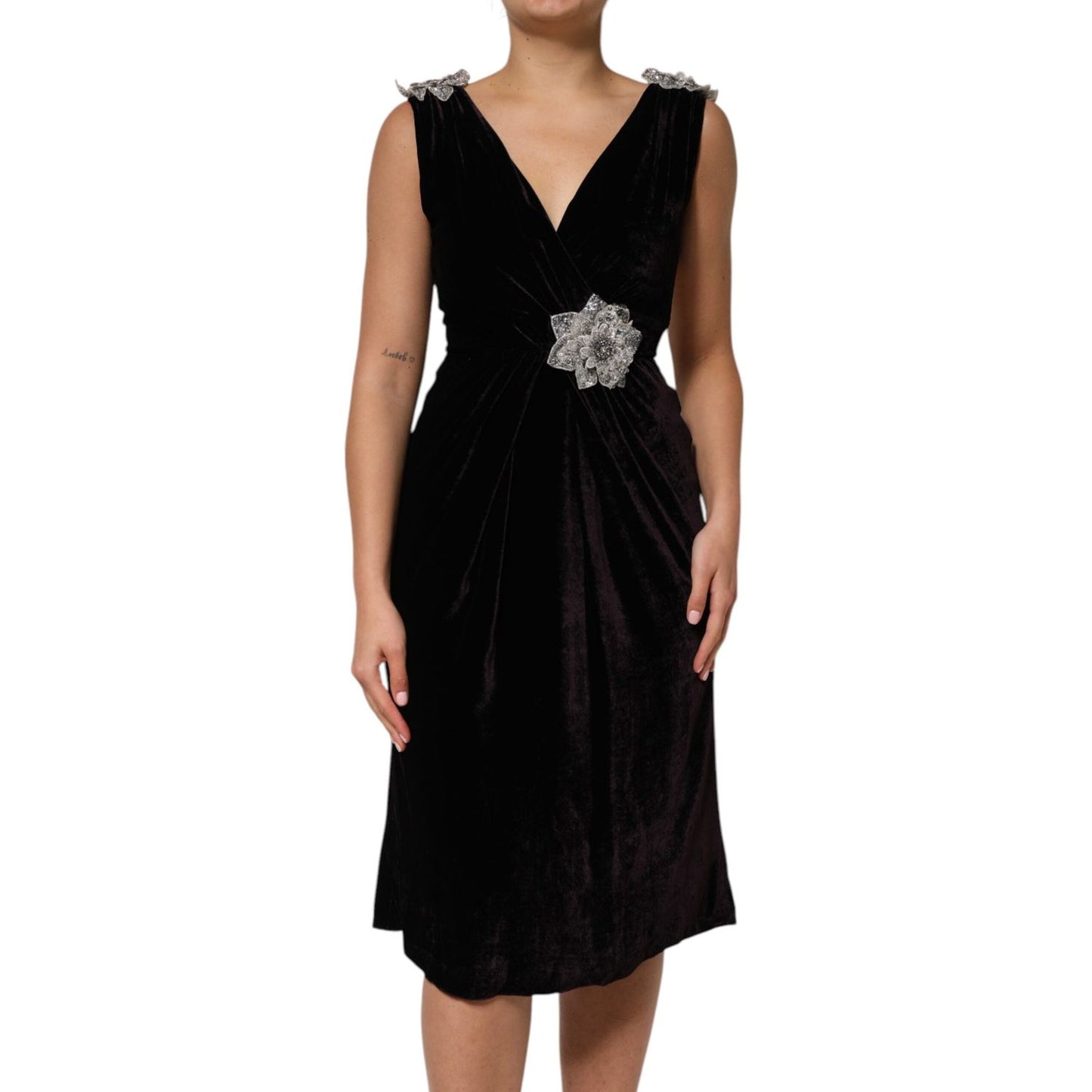 Dolce & Gabbana Black Velvet Flower Embellishment Aline Dress DR81828-40