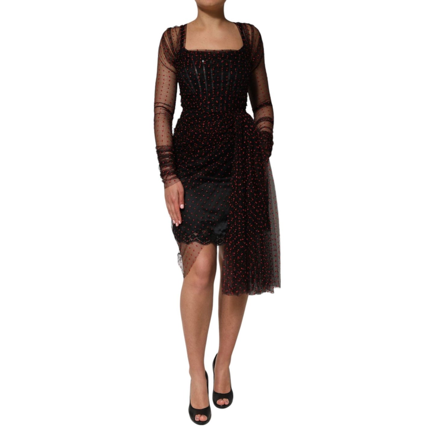 Dolce & Gabbana Black Lace Trim Long Sleeve Sheath Mini Dress DR81771-40