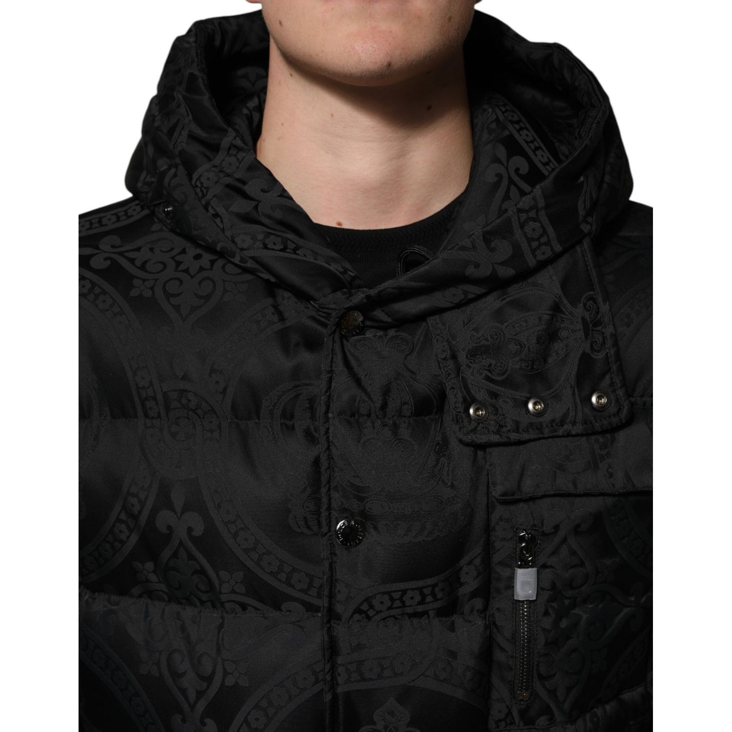 Dolce & Gabbana Black Jacquard Quilted Puffer Hooded Jacket JKT41526-48