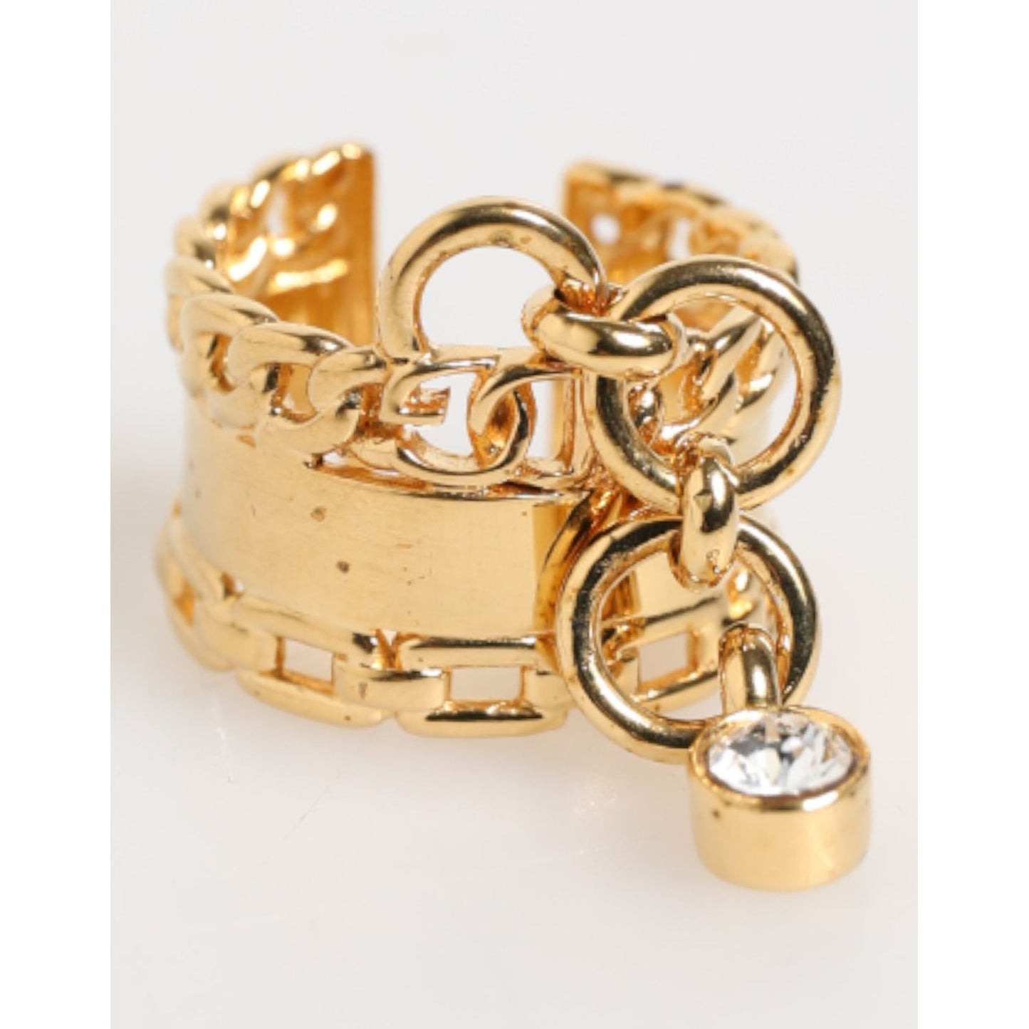 Dolce & Gabbana Gold Tone Brass Logo Chain Clear Crystals Adjustable Ring SMY10756