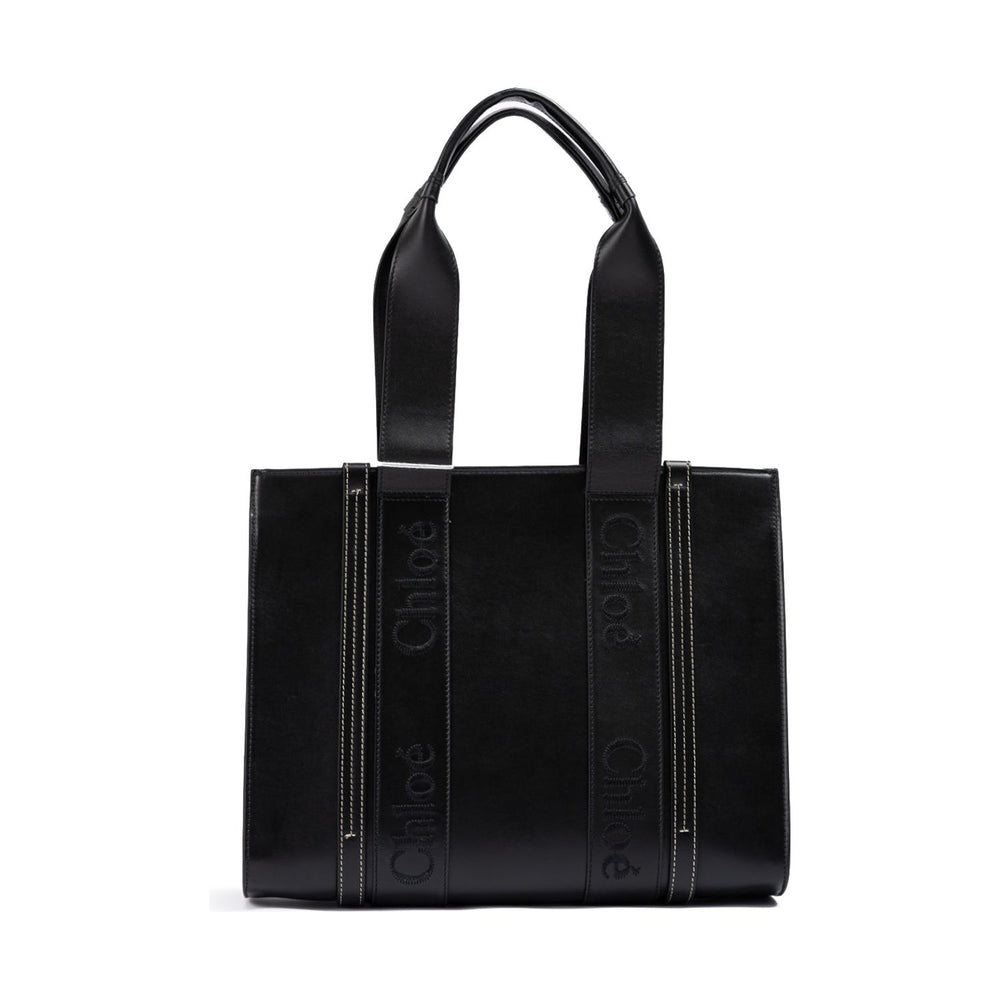 Chloé Black Woody Embroidered Logo Leather Medium Tote Bag CHL-240725