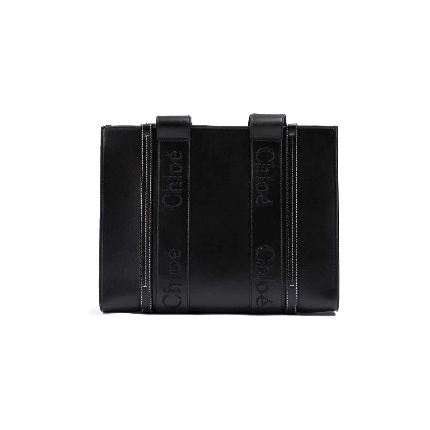 Chloé Black Woody Embroidered Logo Leather Medium Tote Bag CHL-240725
