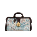 Dolce & Gabbana Blue Brown Leather Floral Jacquard Travel Handbag Bag BAG4730