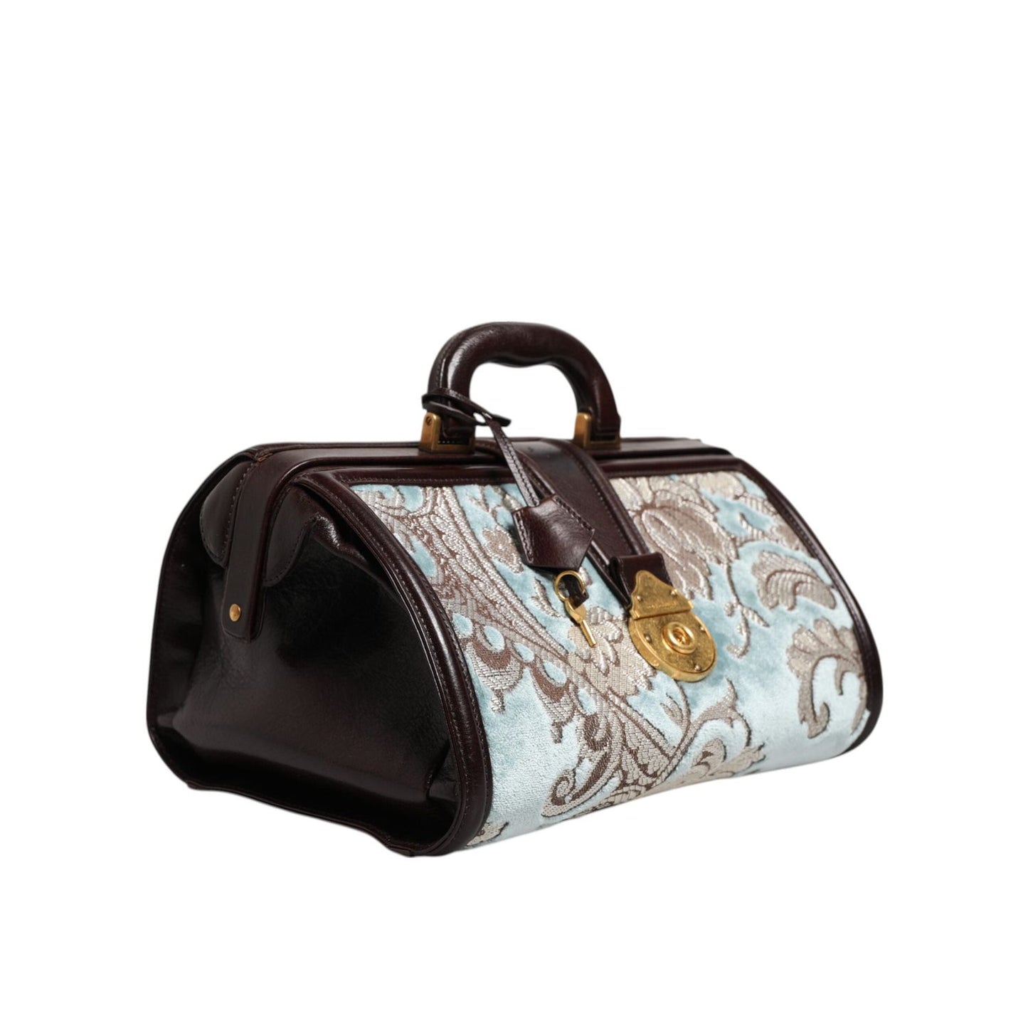 Dolce & Gabbana Blue Brown Leather Floral Jacquard Travel Handbag Bag BAG4730