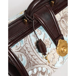 Dolce & Gabbana Blue Brown Leather Floral Jacquard Travel Handbag Bag BAG4730