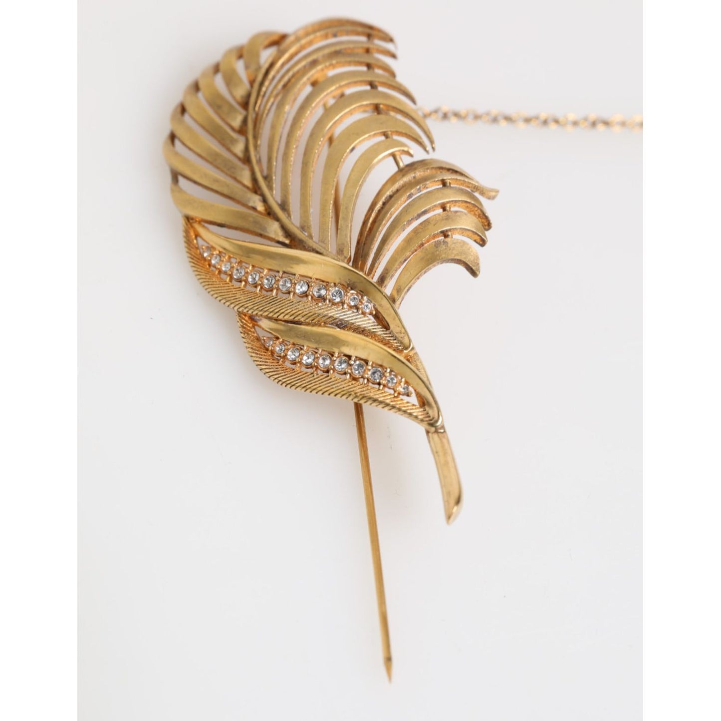 Dolce & Gabbana Gold Tone Leaf 925 Sterling Silver Crystal Chain Pin Brooch