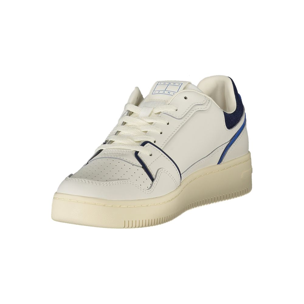 Tommy Hilfiger White Leather Men Sneaker with blue accents and logo, showcasing chic athletic design and comfort.