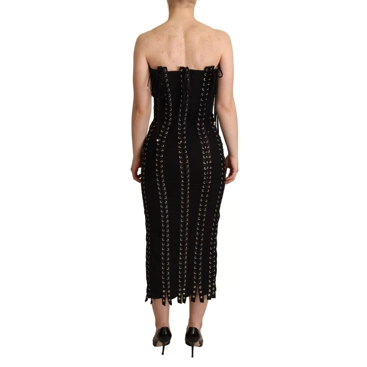 Dolce & Gabbana Black Cady Sleeveless Lace Up Bodycon Dress DR28050-36