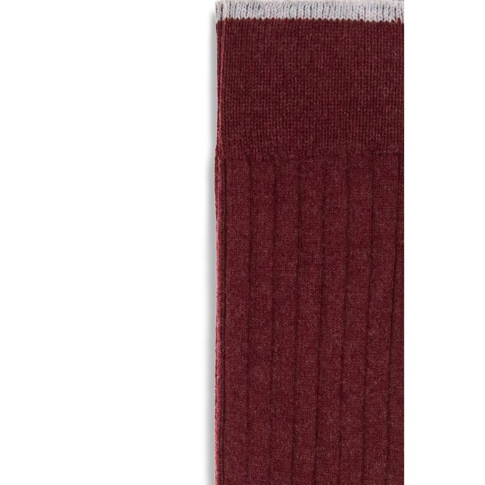 Brunello Cucinelli Bordeaux Cashmere Socks in fine ribbed knit, knee-high fit, showcasing luxurious comfort and style for AW25 season.