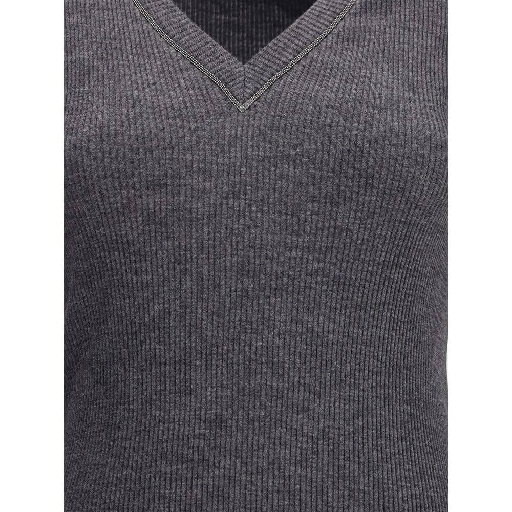 Brunello Cucinelli Long sleeve wool ribbed jersey T-shirt with shiny trim