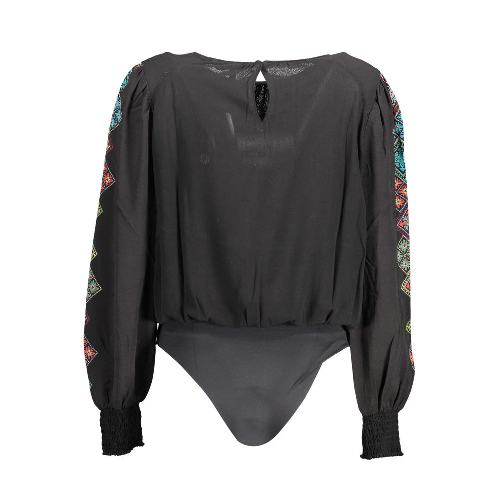 Back view of the Desigual Black Elastane Bodysuit with long sleeves and colorful details