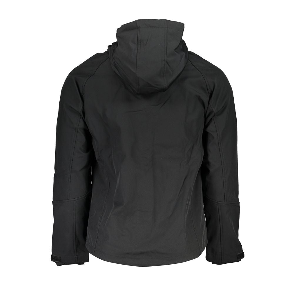 Gianmarco Venturi Black Polyester Jackets & Coat with removable hood and multiple pockets, back view.