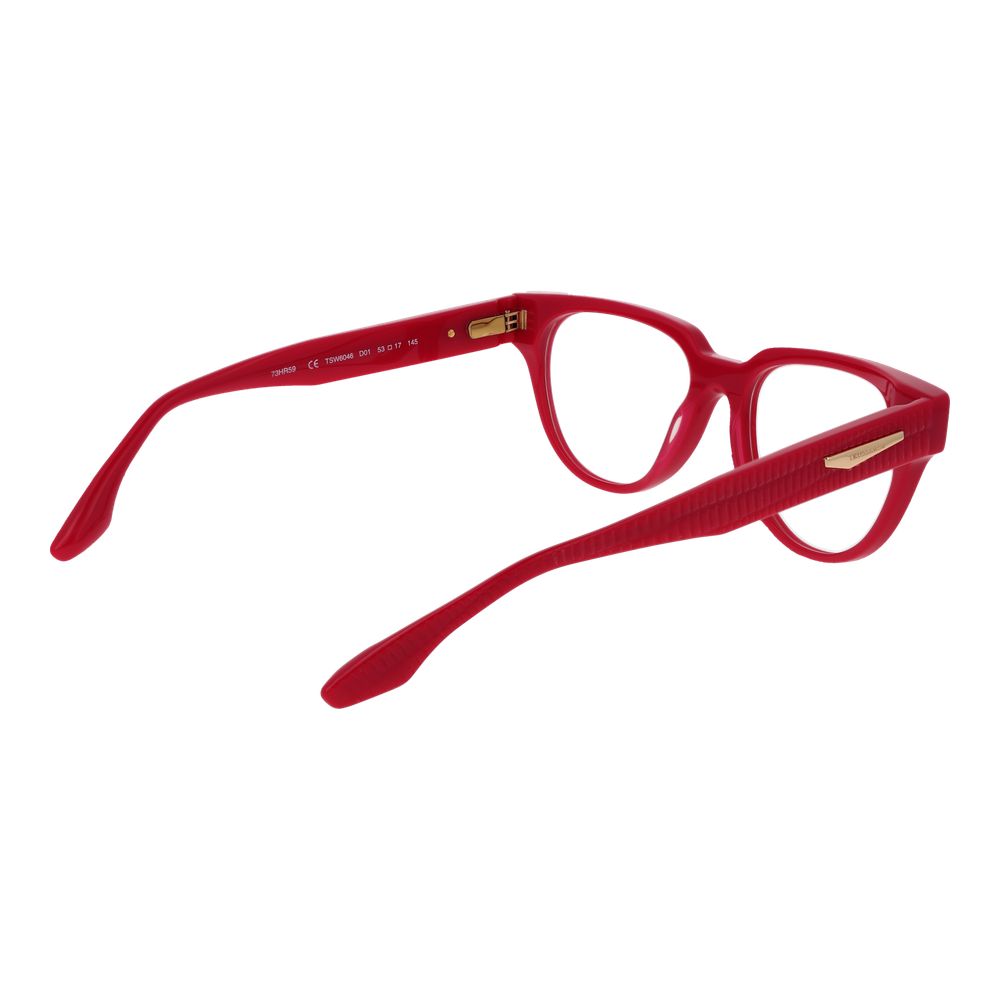 Trussardi Red Acetate Glasses (Frames) for women with full-rim panto style, red color, and spring hinge design.