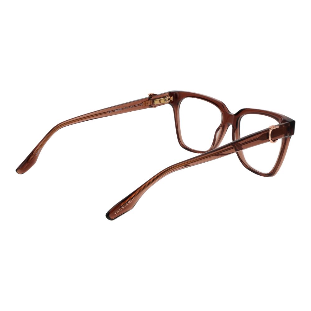 Trussardi Brown Acetate Glasses (Frames) for women, full-rim square acetate in brown with demo plastic lenses, shown with temples extended.