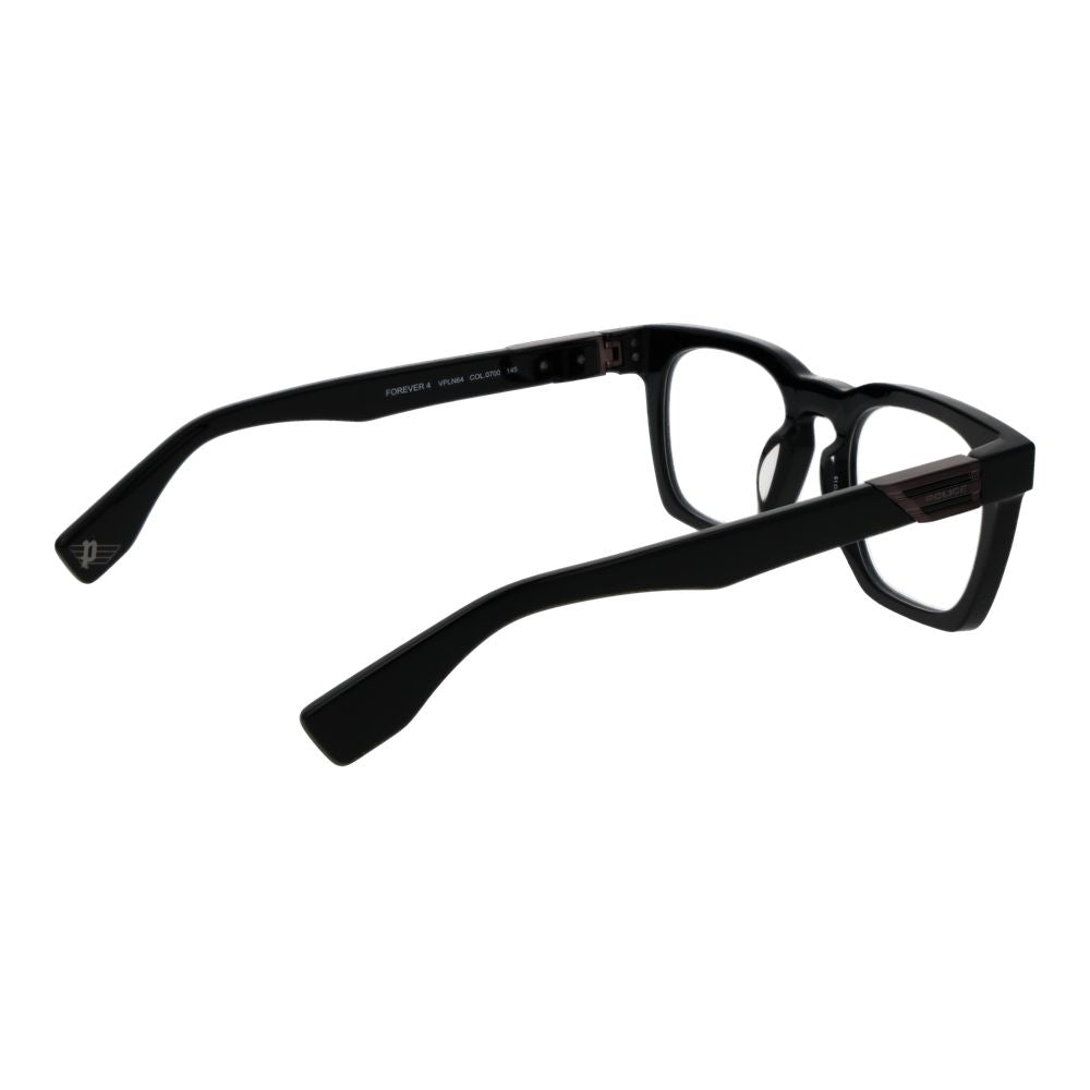 Police Black Cellulose Acetate Glasses (Frames), full-rim, square style, black color, for men, showing side and back view of frames.