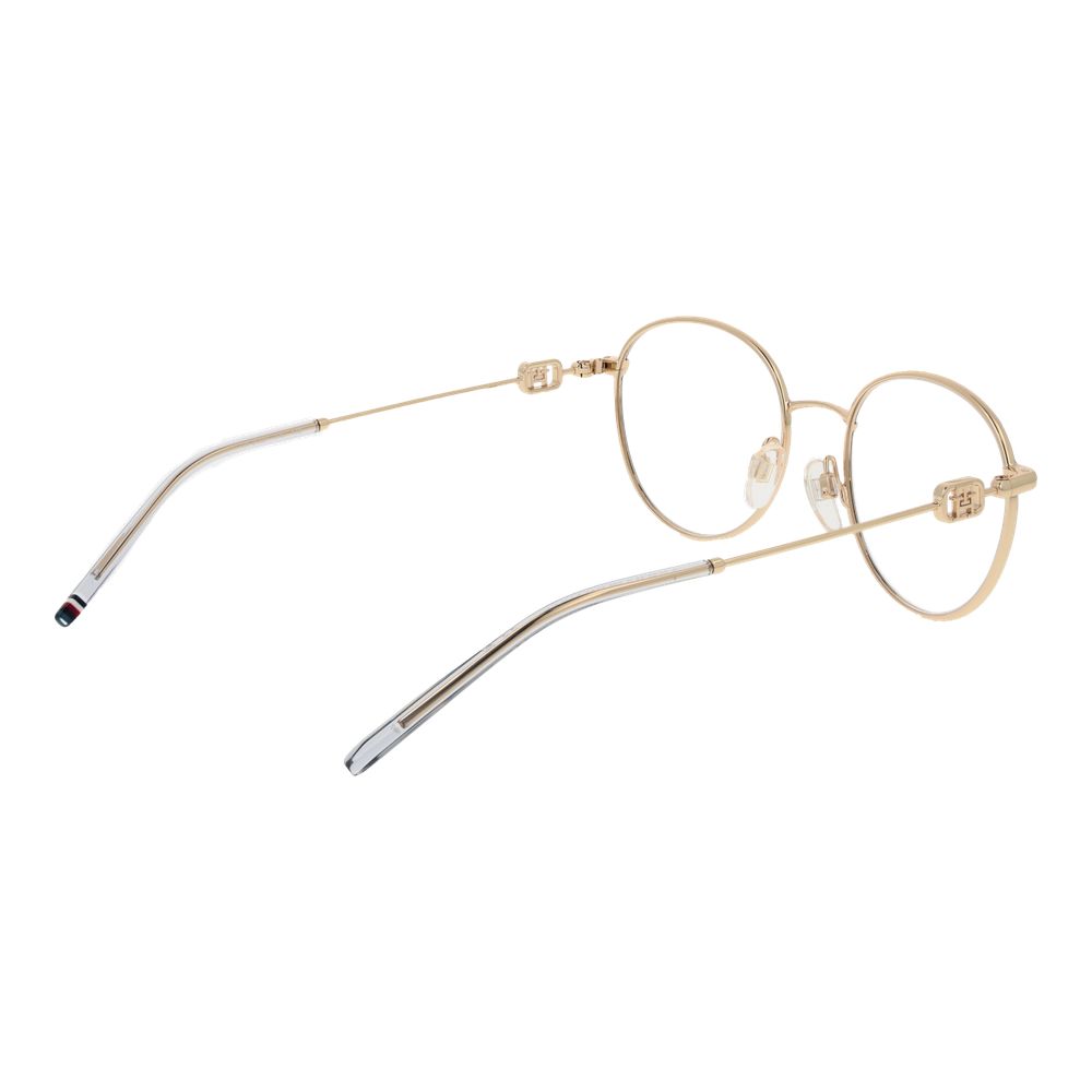 Tommy Hilfiger Gold Metal Glasses (Frames) for women in full-rim panto style with gold metal frame and plastic demo lenses.