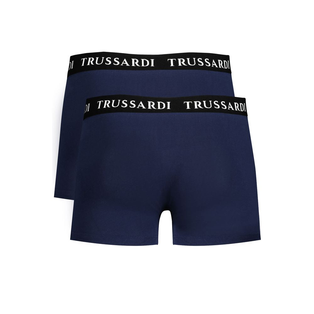 Trussardi Blue Cotton Underwear with branded elastic waistband, bi-pack boxer parts, showcasing Trussardi logo in bold print.
