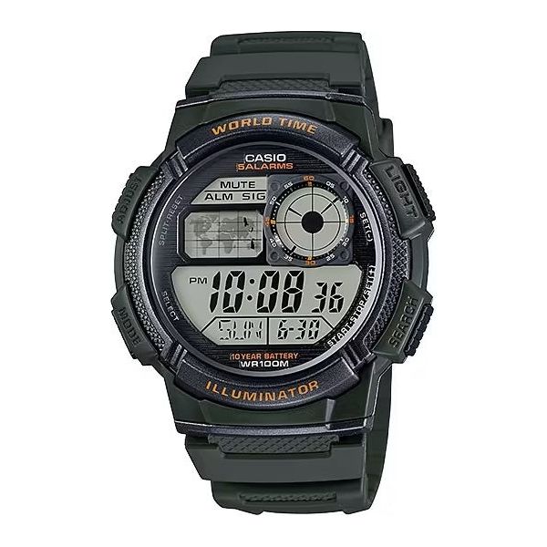 CASIO SPORT Mod. DIVER - WORLD TIME ILLUMINATOR 5 ALARMS. 10 YEARS BATTERY - ARMY GREEN AE-1000W-3AVDF
