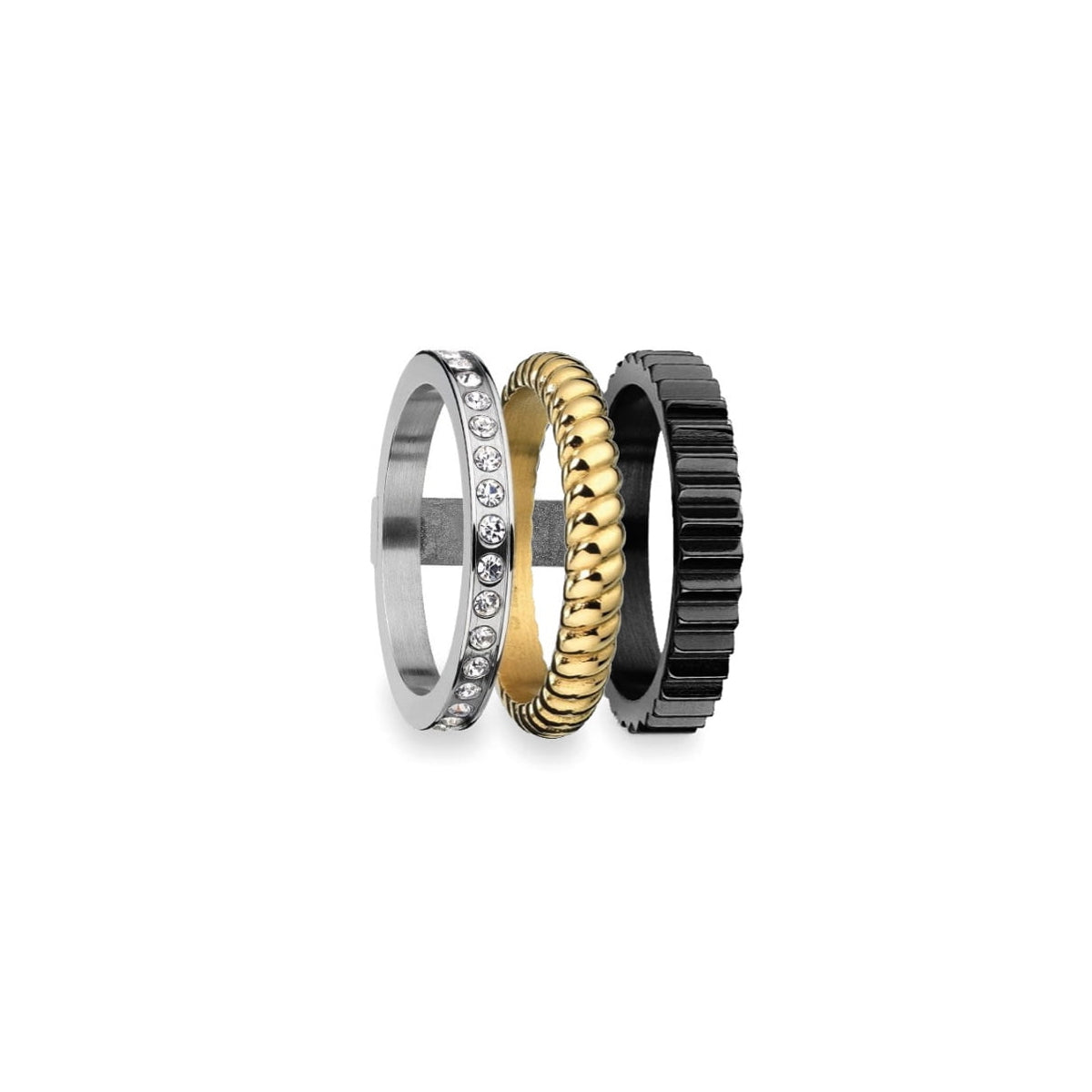 AN JEWELS JEWELRY Mod. AR.R3NS03SYK-8 featuring three elegant rings in silver, gold, and black finishes with intricate details.