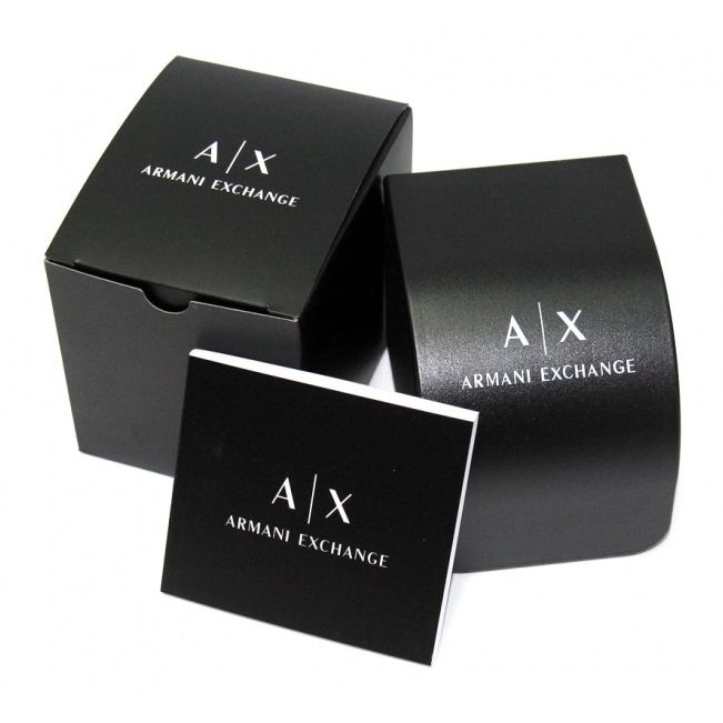 Official packaging for ARMANI EXCHANGE Mod. DALE wristwatch, featuring ARMANI EXCHANGE branded black box and card.