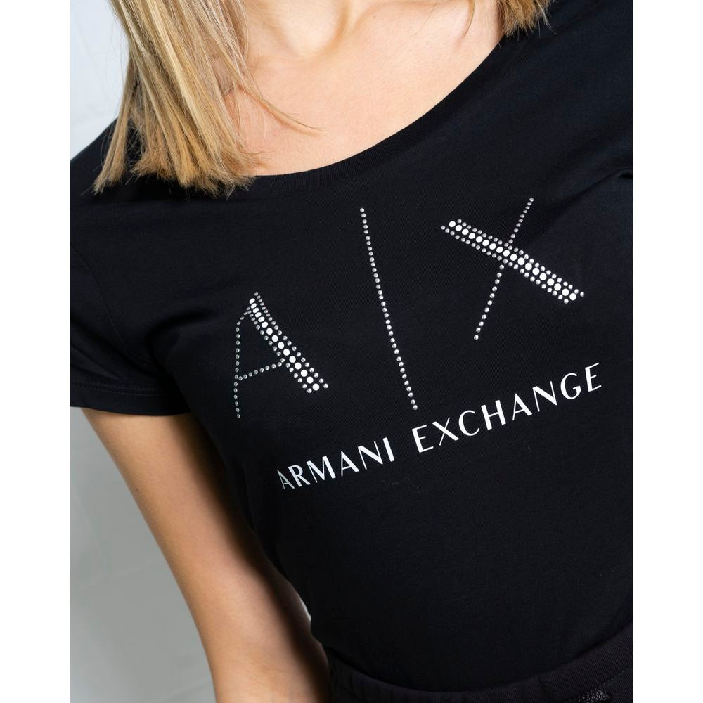 Woman wearing Armani Exchange Black Cotton T-Shirt with logo detail, showcasing stylish casual-chic fashion.