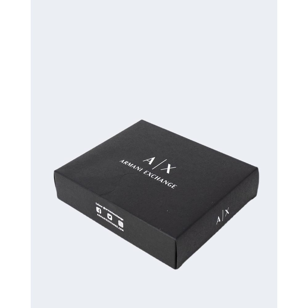 Armani Exchange Black Leather Wallet packaging box with logo displayed on top, showcasing brand's elegant and refined presentation.